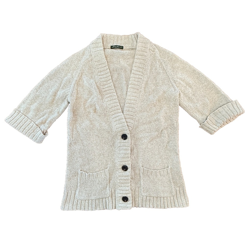 Eddie Bauer Cardigan Sweater Womens L Beige Knit Button Cozy Pockets Measurement